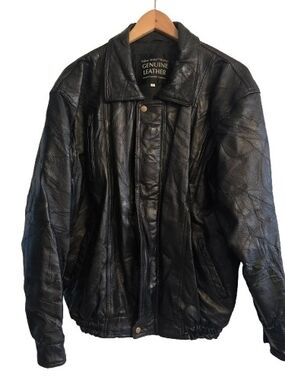 Vintage 90s Italian Stone Design Genuine Leather Bomber Jacket Black Men's XL